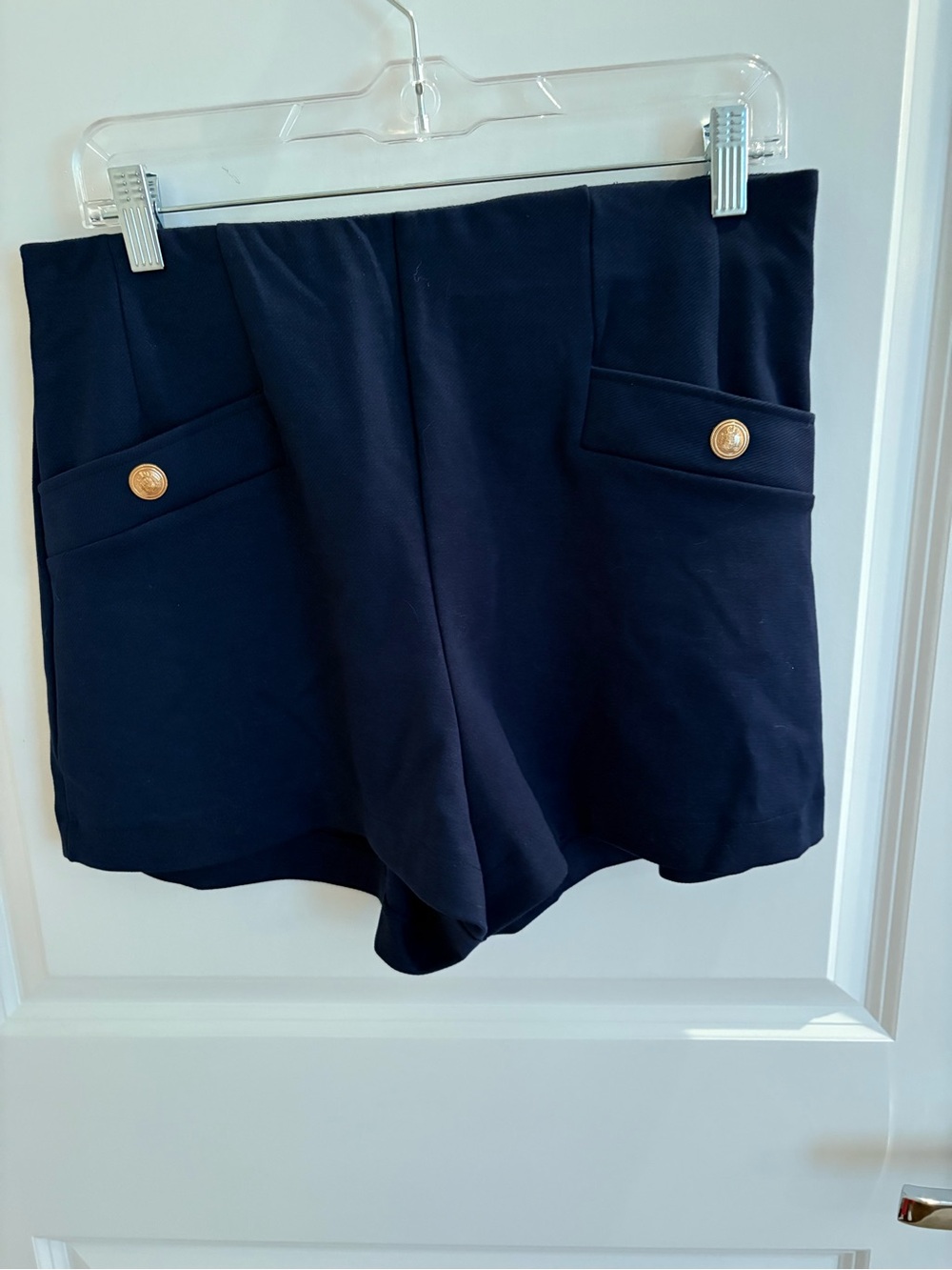 H&M Navy High-Waist Pocket Shorts with Gold Button Detail